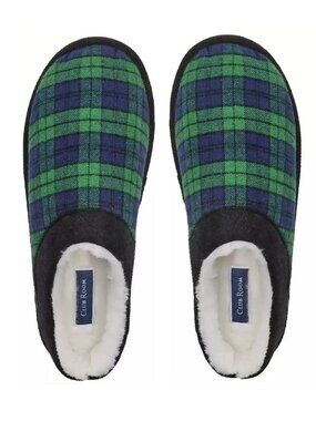 new Club Room Men's Blackwatch Navy + Green Tartan Slippers in Size Small 6 - 7